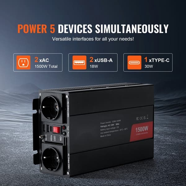 Modificeret Sinuskurve Inverter 1500W DC12V til AC230V – CE og FCC Certificeret, høj kvalitet, effektiv energikonvertering.