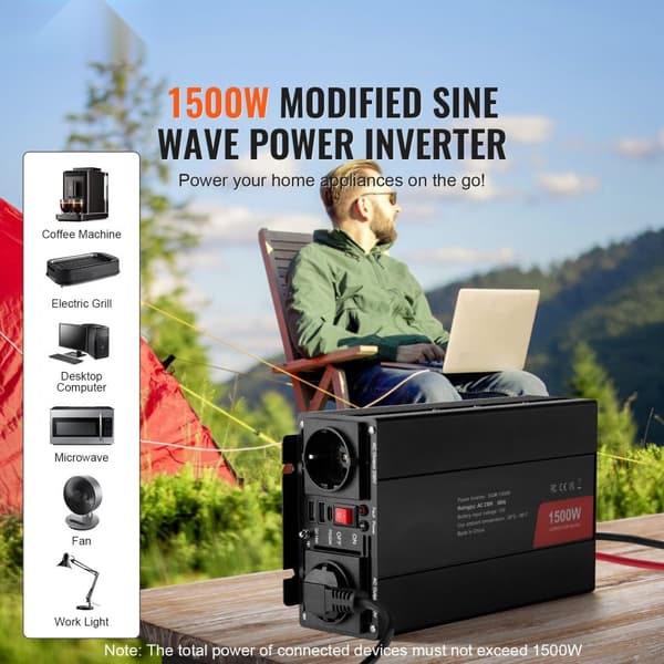 Modificeret Sinuskurve Inverter 1500W DC12V til AC230V – CE og FCC Certificeret, høj kvalitet, effektiv energikonvertering.