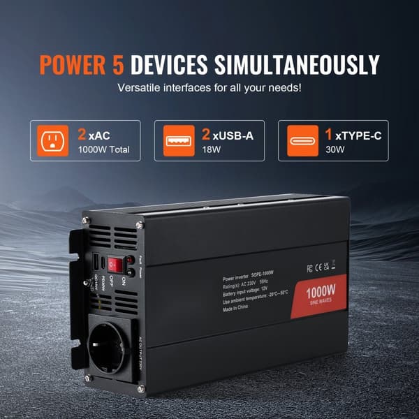 Puhtaan sinimuotoisen aallon invertteri 1000W DC12V - AC230V, kaukosäädin, CE ja FCC-hyväksytty.