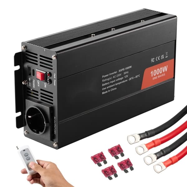 Puhtaan sinimuotoisen aallon invertteri 1000W DC12V - AC230V, kaukosäädin, CE ja FCC-hyväksytty.