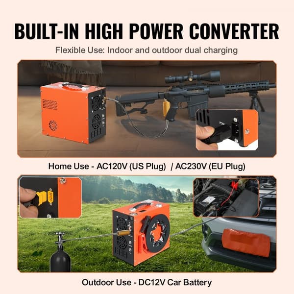 Kannettava PCP-ilmakompressori 4500PSI/30Mpa, vesi- ja tuuletinjäähdytys, automaattinen pysäytys | DC12V/AC230V.