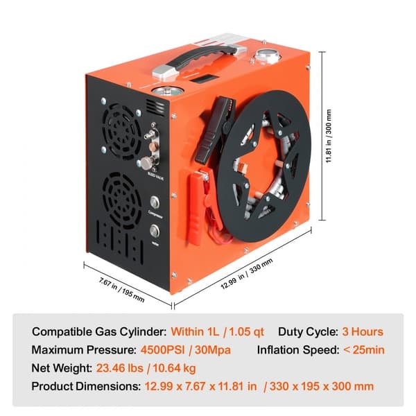 Kannettava PCP-ilmakompressori 4500PSI/30Mpa, vesi- ja tuuletinjäähdytys, automaattinen pysäytys | DC12V/AC230V.