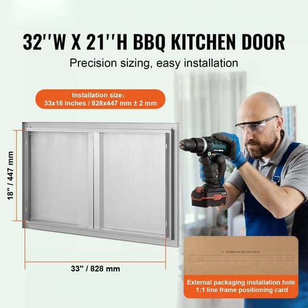 BBQ-adgangsdør 914x534 mm, dobbelt udendørs køkkenlåge i rustfrit stål, ideel til grillstation og udendørs skab.