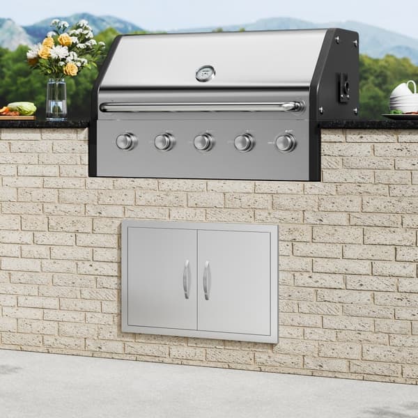 BBQ-ovi, 711x482 mm, ruostumattomasta teräksestä, ulko-ovi grillausasemalle, kahvoilla varustettu.
