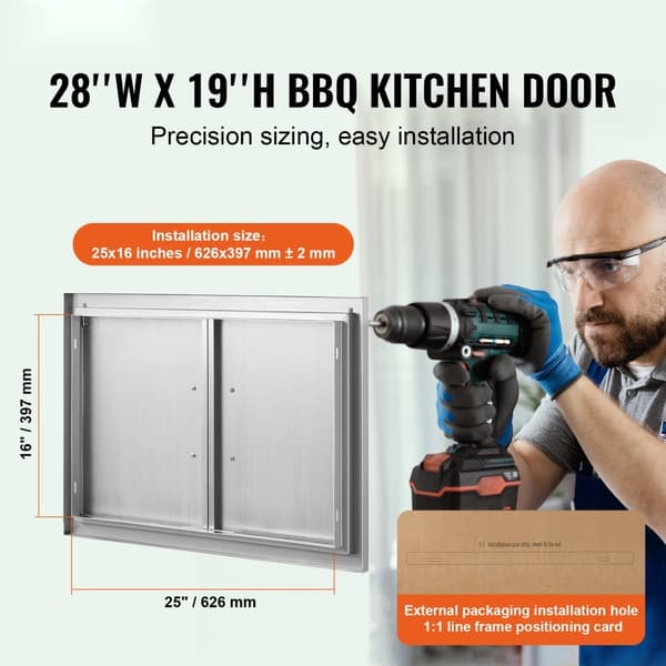 BBQ-ovi, 711x482 mm, ruostumattomasta teräksestä, ulko-ovi grillausasemalle, kahvoilla varustettu.