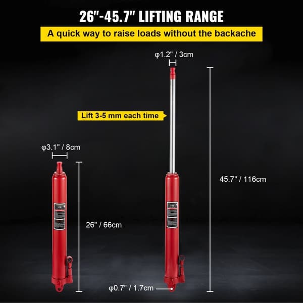 Hydraulisk Long Ram Jack i 8 ton kapacitet, manuel bruger, enkelt stempelpumpe, gaffelbase - perfekt til garage og motorløft. Rød.