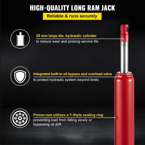Hydraulisk Long Ram Jack i 8 ton kapacitet, manuel bruger, enkelt stempelpumpe, gaffelbase - perfekt til garage og motorløft. Rød.