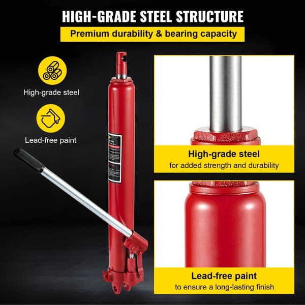 Hydraulisk Long Ram Jack i 8 ton kapacitet, manuel bruger, enkelt stempelpumpe, gaffelbase - perfekt til garage og motorløft. Rød.