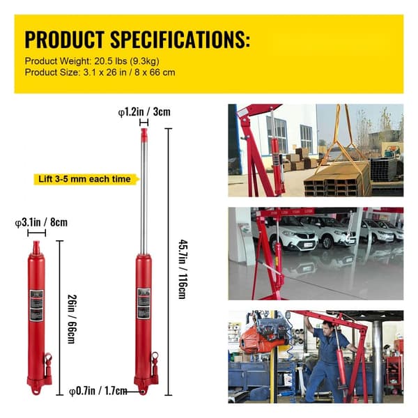 Hydraulisk Long Ram Jack i 8 ton kapacitet, manuel bruger, enkelt stempelpumpe, gaffelbase - perfekt til garage og motorløft. Rød.