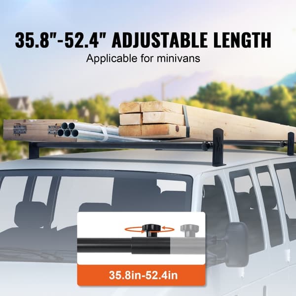 Pakettiautojen tikkaat, 2 baarin seosteräksiset kattotelineet, kapasiteetti 227 kg, säädettävä pituus 910-1460 mm.