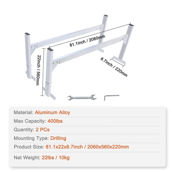 Alumiiniset kattotelineet pakettiautoille, 2 baaria, kapasiteetti 181 kg, säädettävä pituus 1300-2060 mm.