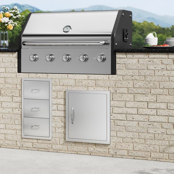 BBQ-ovi 457x508 mm ruostumattomasta teräksestä, ulkokeittiöön, grillausasema, seinäovi kahvalla ja koukulla.