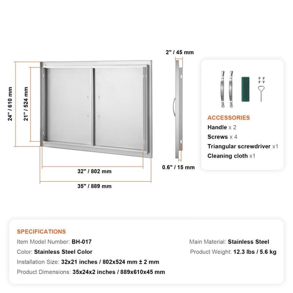 BBQ adgangsdør, 889x610 mm, dobbelt udendørs køkkendør i rustfrit stål. Perfekt til BBQ øer og grillestationer.