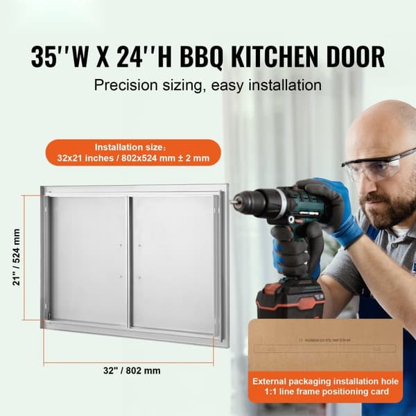 BBQ adgangsdør, 889x610 mm, dobbelt udendørs køkkendør i rustfrit stål. Perfekt til BBQ øer og grillestationer.