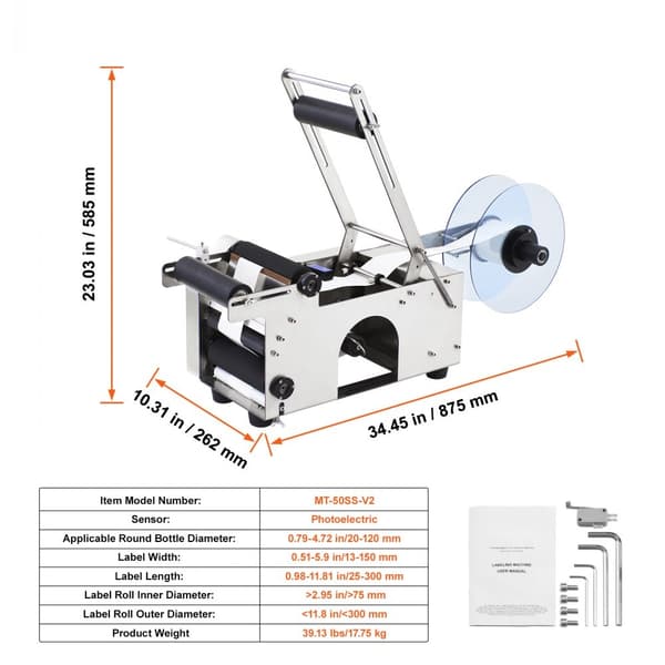 MT-50 puoliautomaattinen etiketöintikone: säädettävä 50 kpl/min, pullot 12-90mm. Tehokas ja nopea ratkaisu!