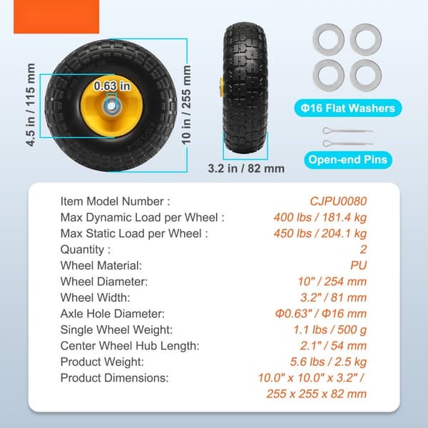 Hållbar PU Run Flat Däck 10" 2-pack, punkteringsfritt, tubeless, max 400 lbs.