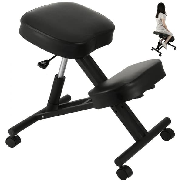 Ergonominen tuoli PVC, säädettävä pyörillä, 120 kg kapasiteetti, 53-71 cm korkeus, teräsrunko, kipua lievittävä.