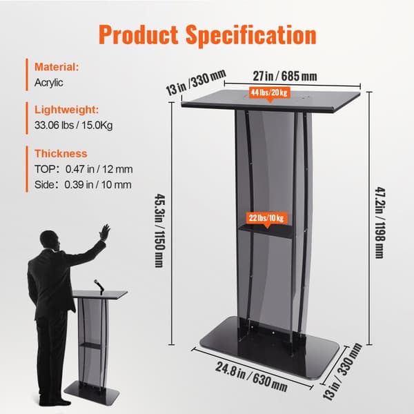 Akryl podium, 120 cm højt, med bred læseflade og opbevaringshylde. Gulvstående klare prædikestole til kirke- og kontorbruger. Sort.