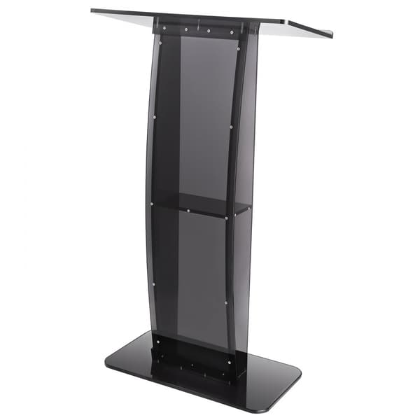 Akryl podium, 120 cm højt, med bred læseflade og opbevaringshylde. Gulvstående klare prædikestole til kirke- og kontorbruger. Sort.