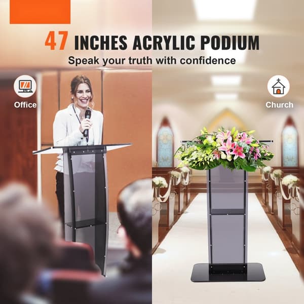 Akryl podium, 120 cm højt, med bred læseflade og opbevaringshylde. Gulvstående klare prædikestole til kirke- og kontorbruger. Sort.