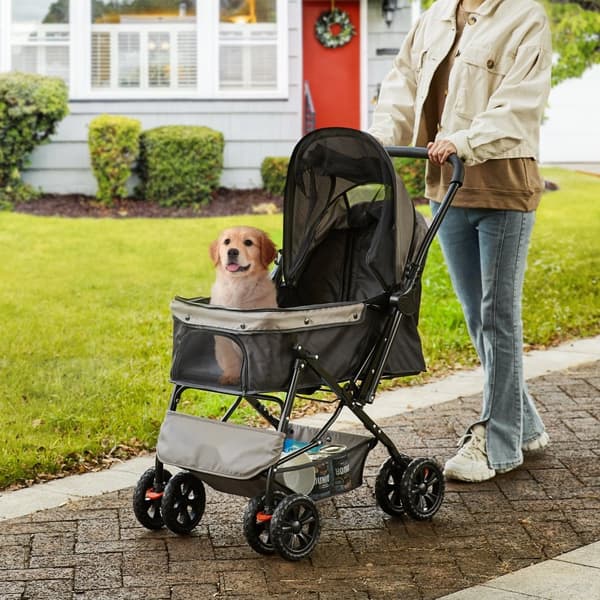 Kæledyrsklapvogn, 4-hjulet hundevogn med bremser, 20 kg kapacitet. Ideel til hunde og katte - komfortabel rejse og opbevaring. Sort+grå.