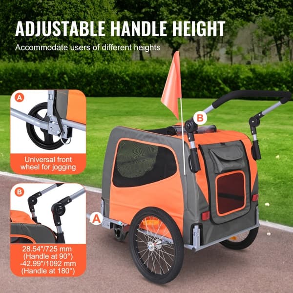 Hundcykelvagn, max 30 kg, 2-i-1 djurvagn, hopfällbar ram, snabbkoppling, universell cykelkoppling, reflexer, orange/grå.