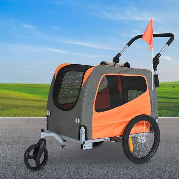 Hundcykelvagn, max 30 kg, 2-i-1 djurvagn, hopfällbar ram, snabbkoppling, universell cykelkoppling, reflexer, orange/grå.