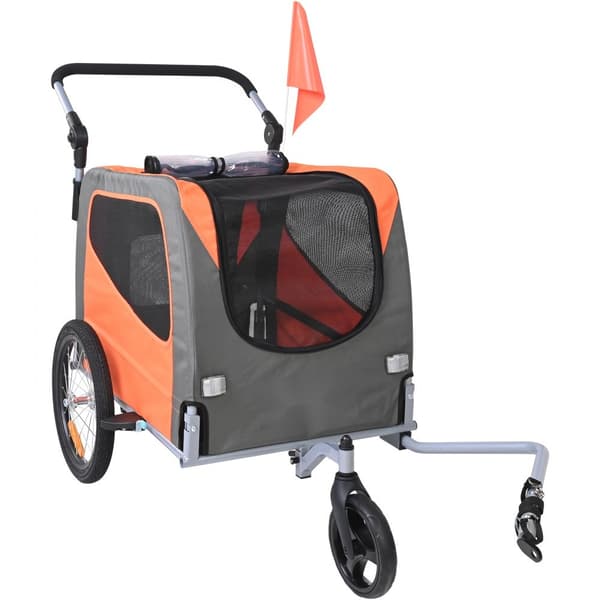 Hundcykelvagn, max 30 kg, 2-i-1 djurvagn, hopfällbar ram, snabbkoppling, universell cykelkoppling, reflexer, orange/grå.