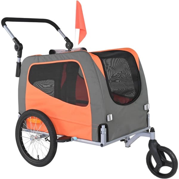 Hundecykelanhænger, max 30 kg, 2-i-1 kæledyrsvogn med nem sammenfoldning, universal cykelkobling, refleks og flag, orange/grå.