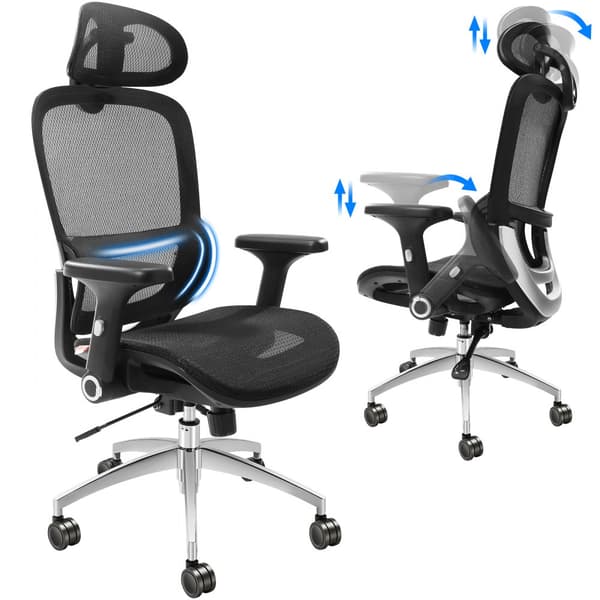 Mesh kontorstol med justerbar høj ryg, siddekomfort og støtte til lænd og hoved. Ideel som ergonomisk skrivebordsstol til hjemmekontoret.