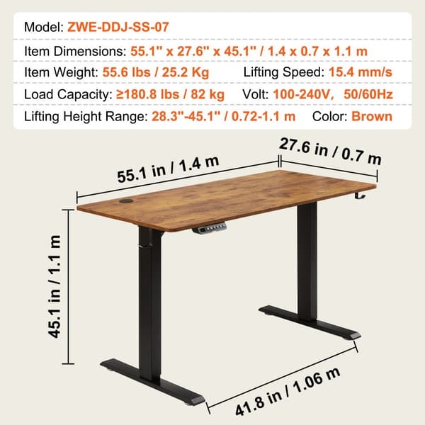 Höjdjusterbart skrivbord 55,1 x 27,6 tum, eldriven stående skrivbord, dubbel metallram, max. 180 LBS, för hem och kontor.