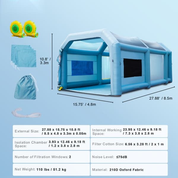 Oppusteligt telt til bilmalingsarbejde, 28x16x11ft, med effektivt filtersystem og 2 blæsere for optimal ventilation.
