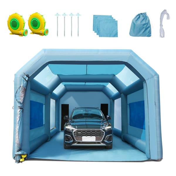 Oppusteligt telt til bilmalingsarbejde, 28x16x11ft, med effektivt filtersystem og 2 blæsere for optimal ventilation.