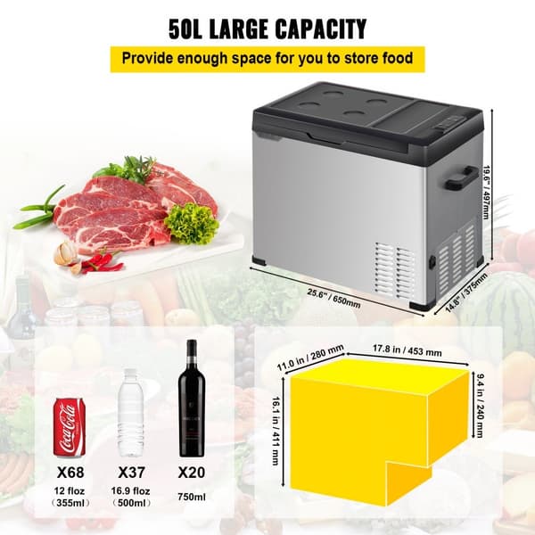 Bilkylskåp 53 Qt, 12v bärbar frys, -4℉-68℉, för bil, lastbil, husbil, båt och hem. 12/24V DC & 110-240V AC.