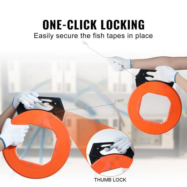 Fisketape 240 fod, 1/8", stålkabelaftrækker med ergonomisk design. Let at bruge til trådtræk i vægge og rør. Ikke-ledende værktøj.