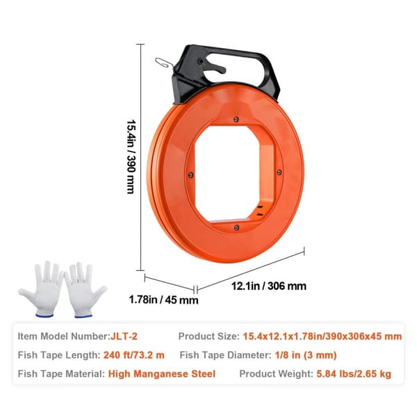 Fisketape 240 fod, 1/8", stålkabelaftrækker med ergonomisk design. Let at bruge til trådtræk i vægge og rør. Ikke-ledende værktøj.