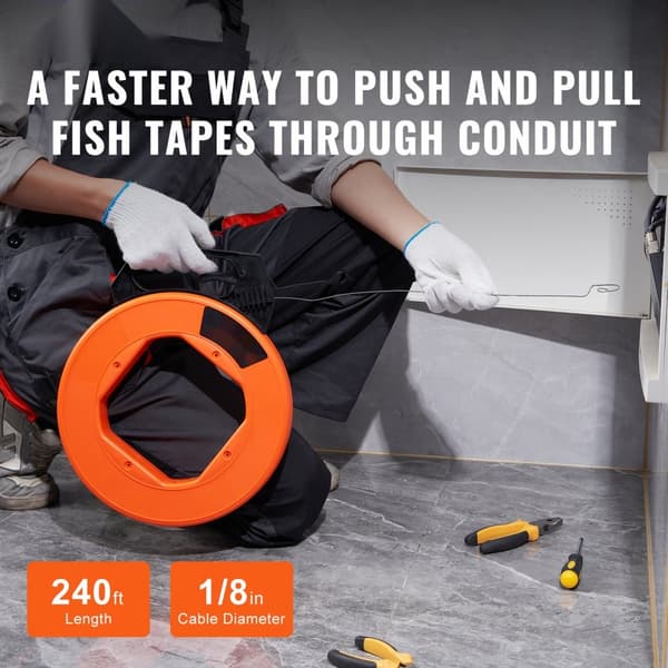 Fisketape 240 fod, 1/8", stålkabelaftrækker med ergonomisk design. Let at bruge til trådtræk i vægge og rør. Ikke-ledende værktøj.
