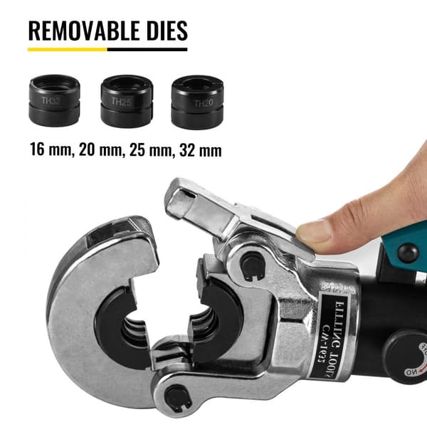 Presszange TH16, TH20, TH25, TH32 mm med 8 T presskraft, 360° drejbar hoved og ergonomisk gummihåndtag. Hydraulisk trykverktøj med manuel ventil.