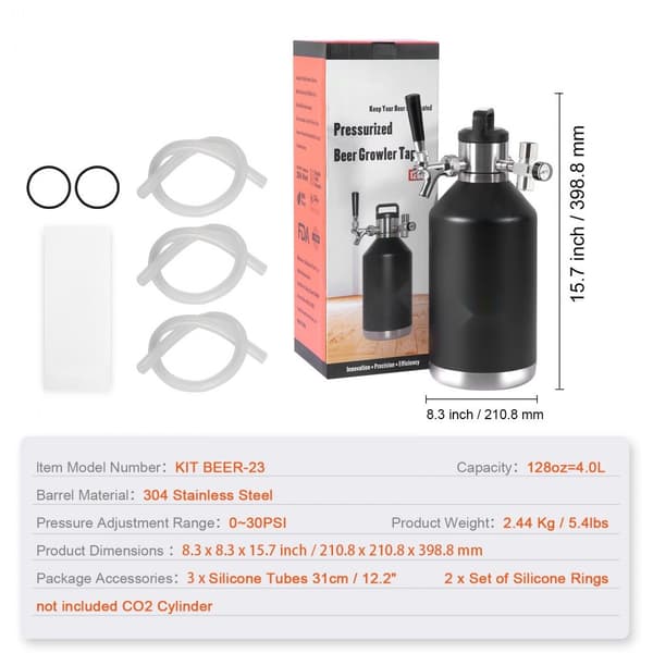 Olut Growler -järjestelmä, 128Oz 4L tynnyri, ruostumaton teräs, paineolutmurskain, CO2-säätö, vuotamaton rengas.