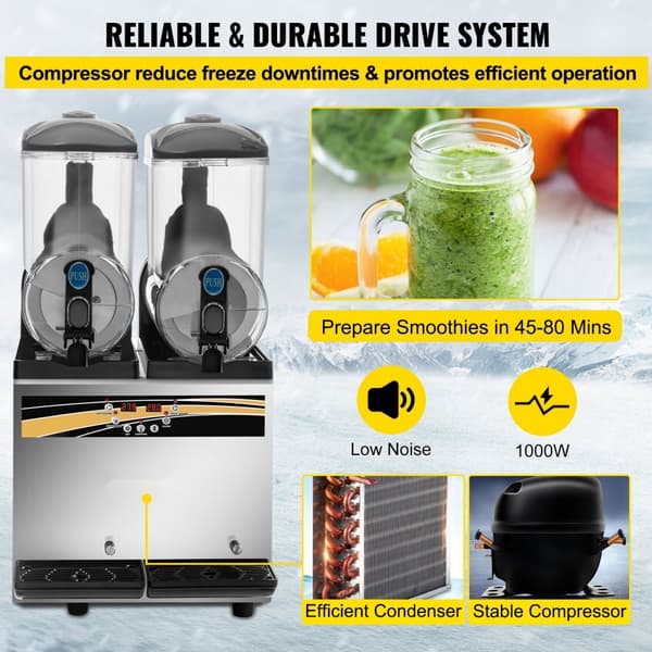 Slush-pakastejuomakone, 2 x 15 l säiliö, kaupallinen Margarita-kone, 1000 W ruostumatonta terästä, täydellinen ravintoloihin.