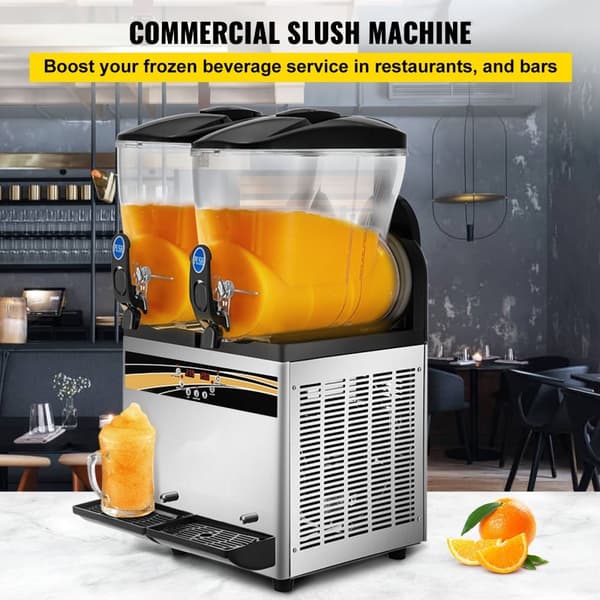 Slush-pakastejuomakone, 2 x 15 l säiliö, kaupallinen Margarita-kone, 1000 W ruostumatonta terästä, täydellinen ravintoloihin.