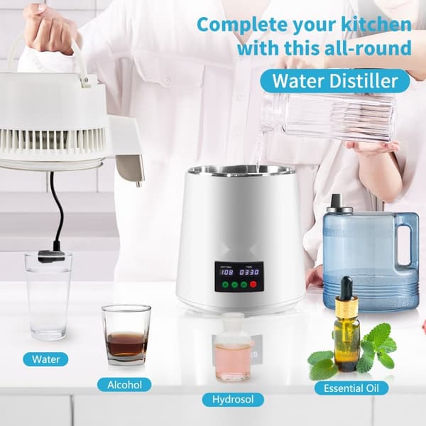 Veden tislauslaite 4L, 1L/h, ajastus ja lämpötilanäyttö, valkoinen – tehokas ja käytännöllinen ratkaisu!