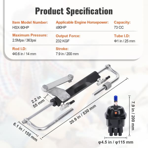 Hydraulisk Outboard Styresystem, 90HK, til både. Inkluderer rorpumpe, to-vejs låsecylinder og 24 fod hydraulikslange, ideel til enmotors både.