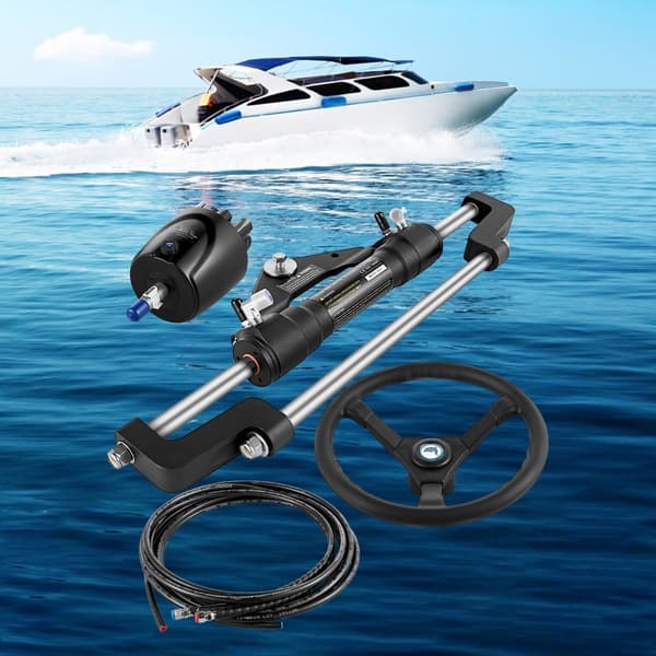 Hydraulisk bådstyresystem, 300 HK, styrepumpe, cylinder, rat, 24 fodslange, korrosionsbestandig. Perfekt til marine brug.