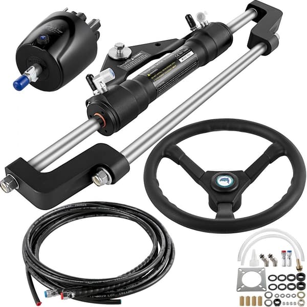 Hydraulisk bådstyresystem, 300 HK, styrepumpe, cylinder, rat, 24 fodslange, korrosionsbestandig. Perfekt til marine brug.