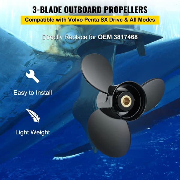 Perämoottorin 3-lapainen 14,5" x 19" alumiinipotkuri OEM 3817468, Volvo Penta SX -yhteensopiva, 19 hammasuraa.