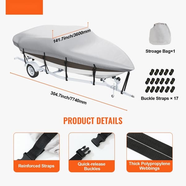 Bådcover til trailere 7010-7310 mm, vandtæt 600D marine PU Oxford, inkl. motorcover og stropper, til V-Hull & Bass Boat, grå.