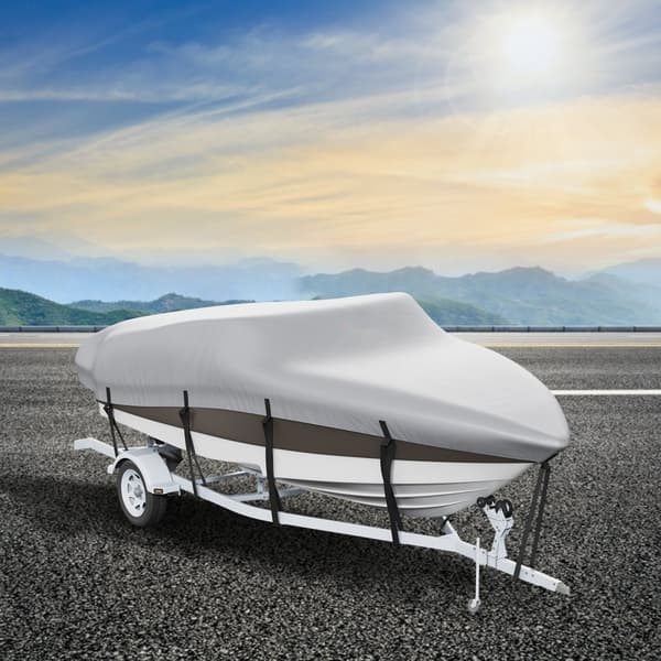 Bådcover til trailere 7010-7310 mm, vandtæt 600D marine PU Oxford, inkl. motorcover og stropper, til V-Hull & Bass Boat, grå.