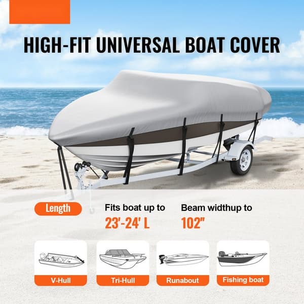 Bådcover til trailere 7010-7310 mm, vandtæt 600D marine PU Oxford, inkl. motorcover og stropper, til V-Hull & Bass Boat, grå.