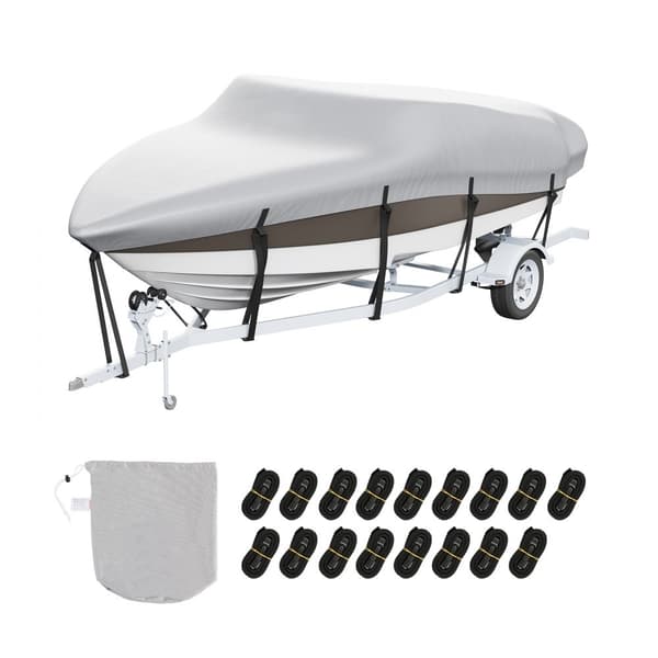 Bådcover til trailere 7010-7310 mm, vandtæt 600D marine PU Oxford, inkl. motorcover og stropper, til V-Hull & Bass Boat, grå.